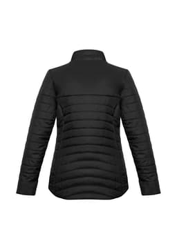 A black puffer jacket with a high collar and textured stitching, featuring a logo on the back.