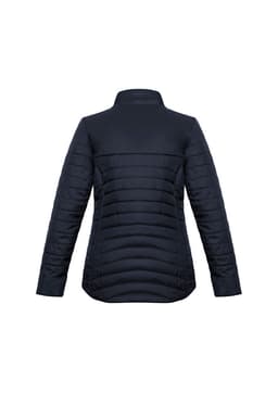 A women's puffer jacket in navy blue, featuring a high collar and a sleek, quilted design.