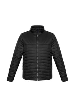 A black puffer jacket with a zip front and a stand-up collar, featuring side pockets and a logo.