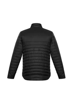 A black puffer jacket with a quilted design and a high collar, featuring a logo.