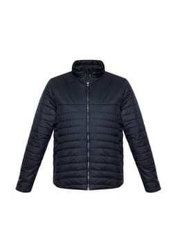 A men's puffer jacket in black with a zip front and a high collar. It has a branded logo on it.