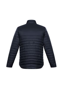 A mens puffer jacket in black, featuring a quilted texture and a high collar, with a logo on the back.