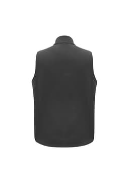 A grey men's vest featuring a high collar and no sleeves, with a logo on the back.