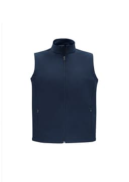 A navy vest with a high collar and zip closure, featuring two side pockets and a logo.