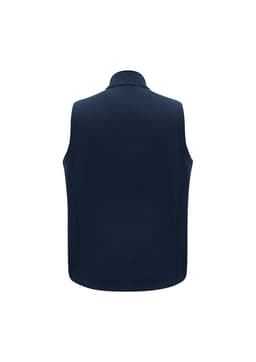 A navy men's vest with a high collar and no sleeves, featuring a logo on the back.