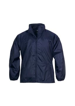 A navy unisex spinnaker jacket with long sleeves and a zip front, featuring a logo on the chest.