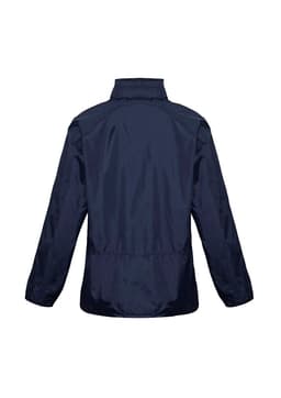 A navy unisex Spinnaker jacket with a simple design, featuring a logo on the back and a cinched waist.