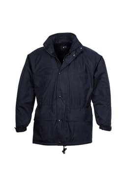 A black unisex puffer jacket featuring a zip and button closure, adjustable cuffs, and a collar. It has a logo.