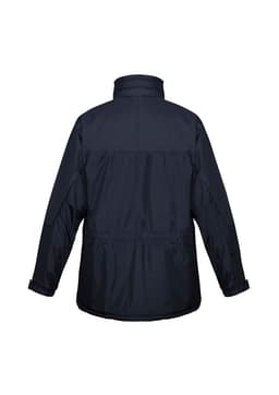 A black unisex puffer jacket with a back view, featuring a logo on the side.