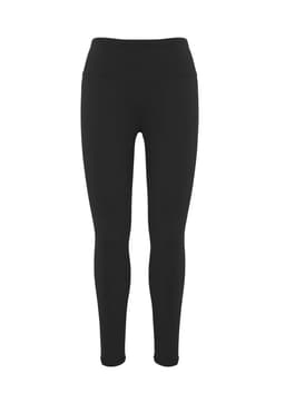 Black women's flex leggings with a high waistband, featuring a smooth finish and a simple logo.