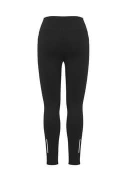 A pair of black women's flex leggings featuring a high waist and reflective details at the cuffs.