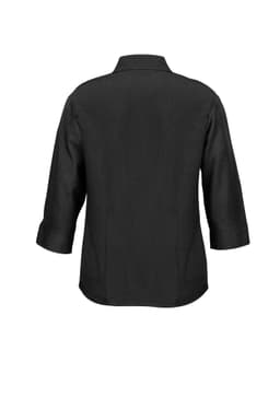 A black 3/4 sleeve women's shirt with a collar. The back view shows a simple design and classic cut.