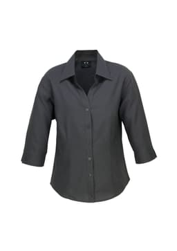 A grey women's 3/4 sleeve shirt with a collared neckline and button-down front. It features a branding logo.