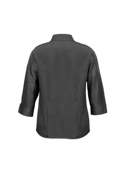A grey women's 3/4 sleeve shirt with a classic collar and a back view. Features a logo on the fabric.