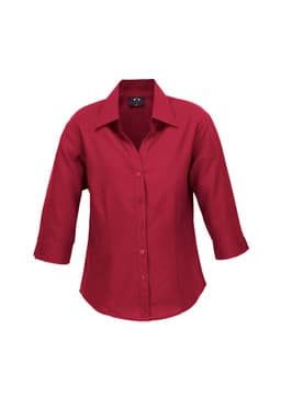 A red women's 3/4 sleeve shirt with a collared neckline and button front, featuring a logo.