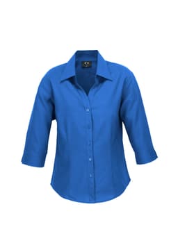 A blue women's 3/4 sleeve shirt with a collared neckline and button front. It features a logo on the label.