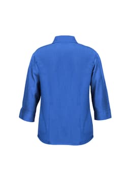 A women's 3/4 sleeve shirt in a vibrant blue, featuring a simple design and a collar on the back.