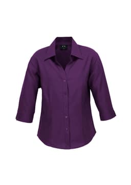 A purple women's 3/4 sleeve shirt with a collar and button-up front, featuring a logo.