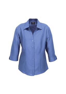 A blue women's 3/4 sleeve shirt with a collar and button-up front. It features a logo on the label.
