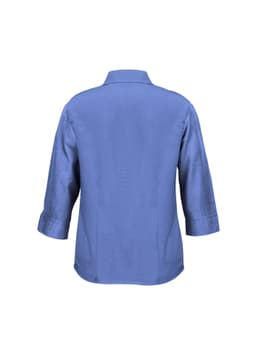 A 3/4 sleeve shirt in a solid blue hue, featuring a collar and a simple design. It has a logo on the back.