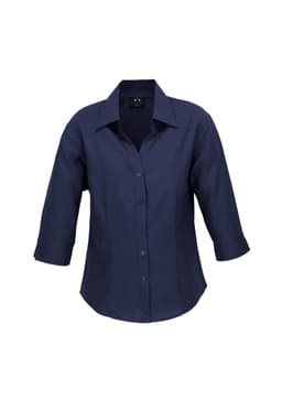 A women's navy 3/4 sleeve shirt with a front button closure and a collar, featuring a logo.