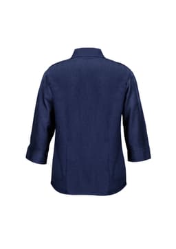 A navy women's 3/4 sleeve shirt with a collar and a logo on the back.
