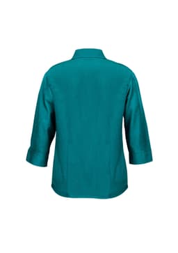 A teal women's 3/4 sleeve shirt with a collar and buttoned cuffs, featuring a logo on the back.