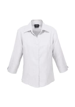 A white women's shirt with 3/4 sleeves and a collared neckline, featuring a logo.