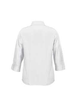 A white women's shirt with 3/4 sleeves and a collar, featuring a logo on the back.