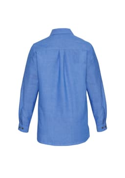 A women's long sleeve chambray shirt in light blue, featuring a button-up design and back pleat.