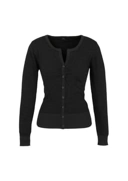 A women's black Merino cardigan featuring a button-up front and long sleeves, with a fitted design.