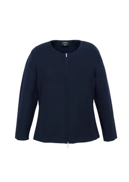 A navy women's 2-way zip cardigan featuring a round neckline and long sleeves, with a branding logo.