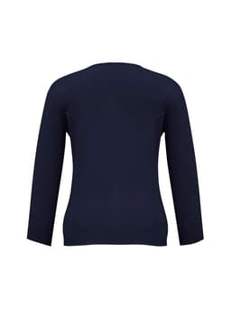 A navy women's 2-way zip cardigan with three-quarter sleeves and a fitted design. It features a logo.