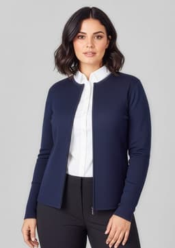 A navy women's two-way zip cardigan features a sleek design, accompanied by a white shirt and black trousers.