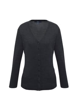 A charcoal grey women's Milano cardigan featuring a v-neck and buttons down the front. It has a logo on the label.