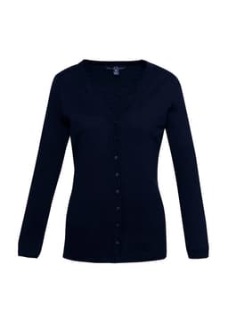 A women's Milano cardigan in black with a V-neck, long sleeves, and a button-down front. Features a logo on the label.