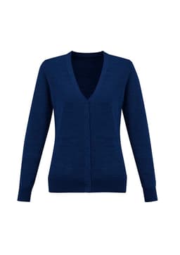 A navy blue women's cardigan featuring a V-neck and buttons down the front, with long sleeves and ribbed cuffs.
