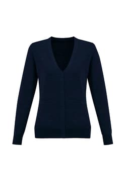 A navy blue women's knit cardigan with a V-neck and button-down front. It features long sleeves and a fitted silhouette.