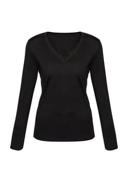 A black women's Milano pullover featuring a V-neck and long sleeves, with a fitted design and ribbed hem.
