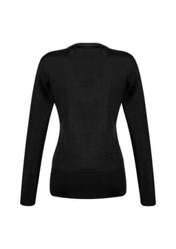 A black women's pullover sweater with long sleeves and a fitted silhouette, featuring a logo on the back.
