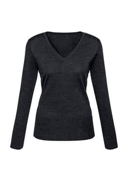 A women's Milano pullover in dark grey, featuring a V-neck and long sleeves. It has a simple design with no visible logos.