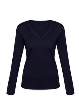 A women's Milano pullover in navy blue with a v-neckline and long sleeves. It features a fitted silhouette and ribbed hem.