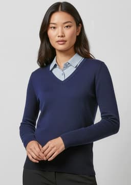 A women's navy Milano pullover sweater with a V-neck and long sleeves, featuring a logo on the chest.