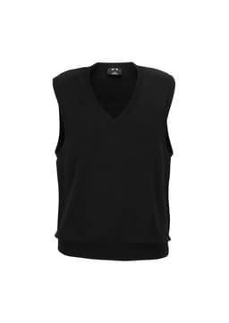 A black women's V-neck knit vest with a sleeveless design and a ribbed hem. Features a logo on the label.