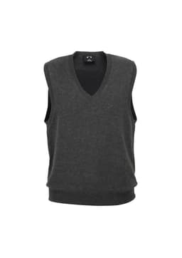 A dark grey women's V-neck knit vest with sleeveless design and a ribbed waistband. It features a logo at the neckline.