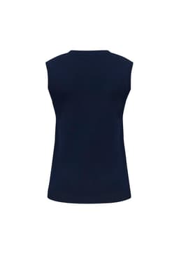 A navy women's V-neck knit vest with no sleeves, featuring a simple design and a logo on the back.