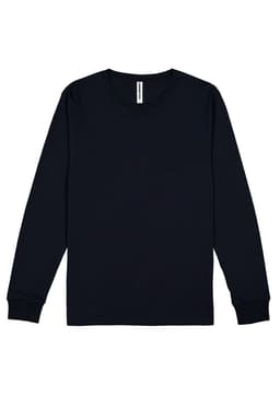 A long sleeve tee in navy blue with a round neckline and cuffs, featuring a logo at the neck.
