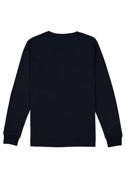 A long sleeve tee in navy blue with a plain back design and fitted cuffs. Features a small logo on the label.