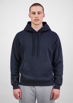 A navy men's hoodie with a front pocket and drawstring hood, modeled by a man, against a plain background.