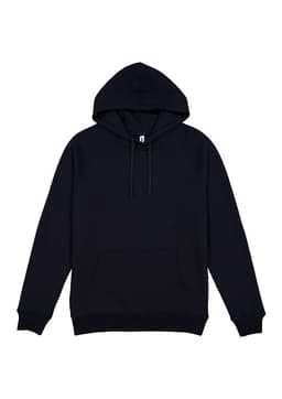 A navy blue men's everyday hoodie featuring a front pocket and a drawstring hood, with a logo present.